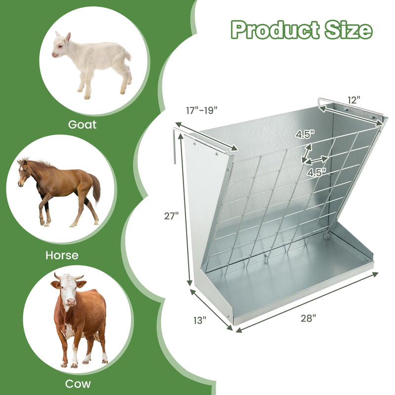 2-in-1 Wall-Mounted Hay Rack Hay and Grain Feeder with Adjustable Hooks-Silver