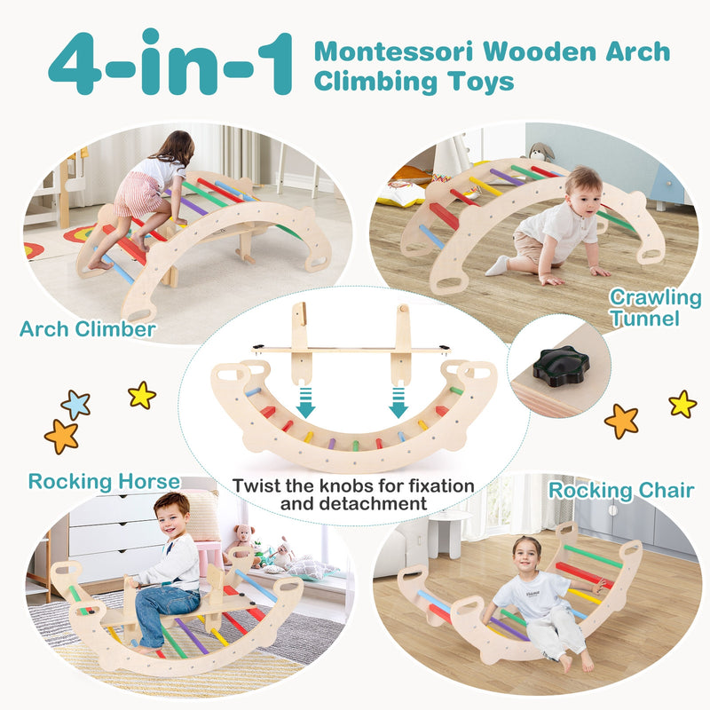 4-in-1 Multifunctional Wooden Climbing Toys with Rocker and Crawling Tunnel-Multicolor