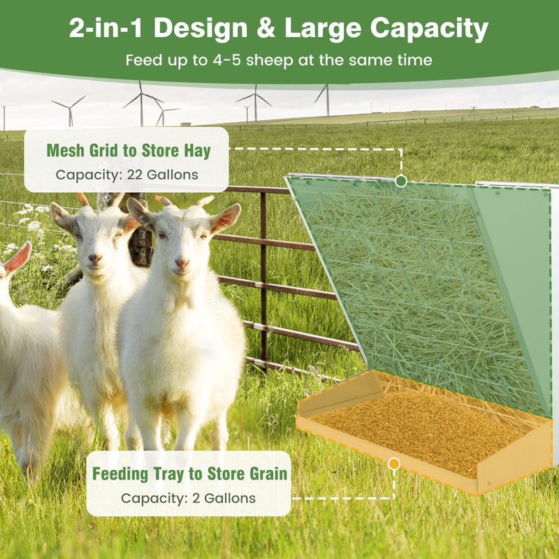 2-in-1 Wall-Mounted Hay Rack Hay and Grain Feeder with Adjustable Hooks-Silver