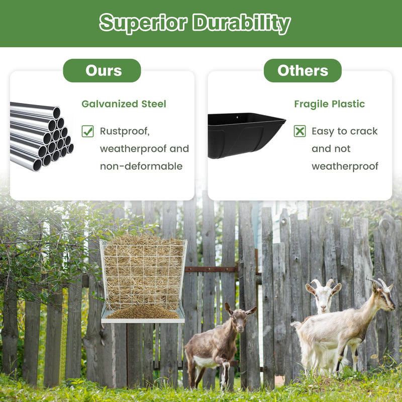 2-in-1 Wall-Mounted Hay Rack Hay and Grain Feeder with Adjustable Hooks-Silver