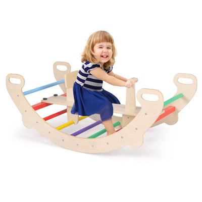 4-in-1 Multifunctional Wooden Climbing Toys with Rocker and Crawling Tunnel-Multicolor