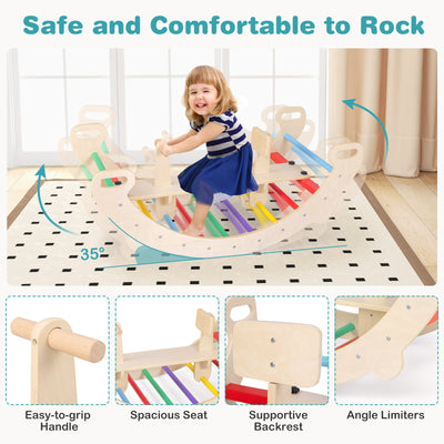 4-in-1 Multifunctional Wooden Climbing Toys with Rocker and Crawling Tunnel-Multicolor