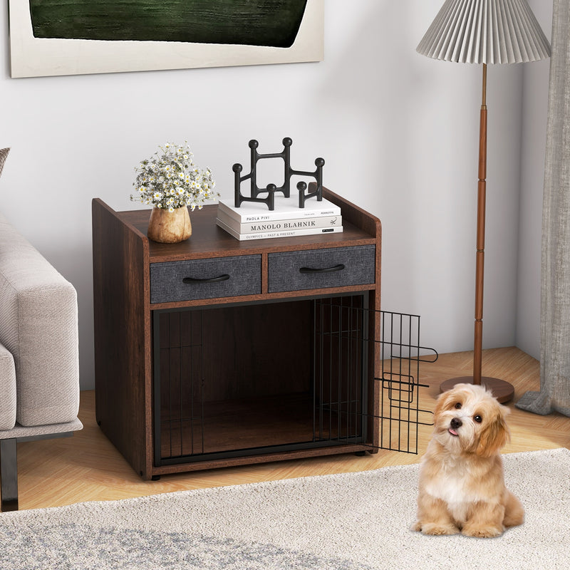 Dog Crate Furniture Indoor Dog Cage with 2 Fabric Drawers End Table