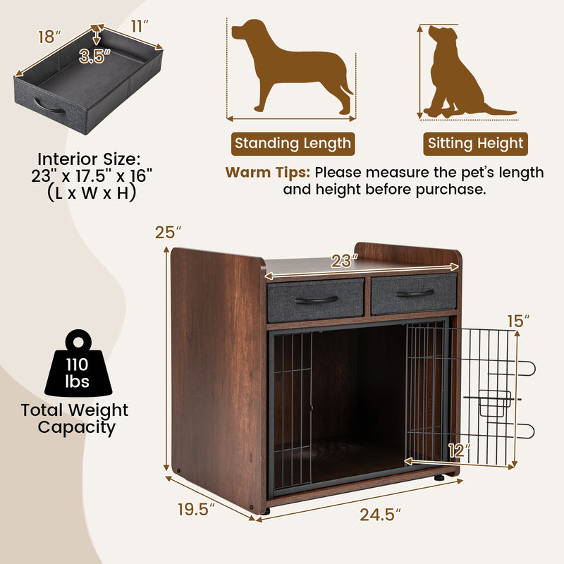 Dog Crate Furniture Indoor Dog Cage with 2 Fabric Drawers End Table