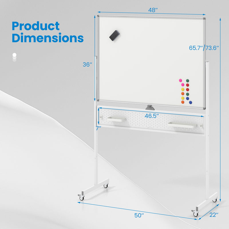 Mobile Whiteboard Adjustable Double-Sided Magnetic Board with Pegboard-White