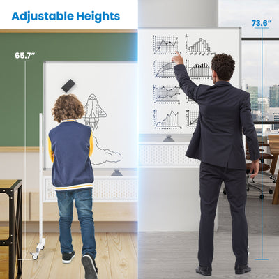 Mobile Whiteboard Adjustable Double-Sided Magnetic Board with Pegboard-White