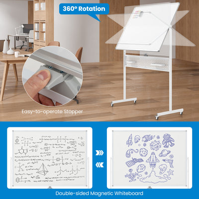 Mobile Whiteboard Adjustable Double-Sided Magnetic Board with Pegboard-White