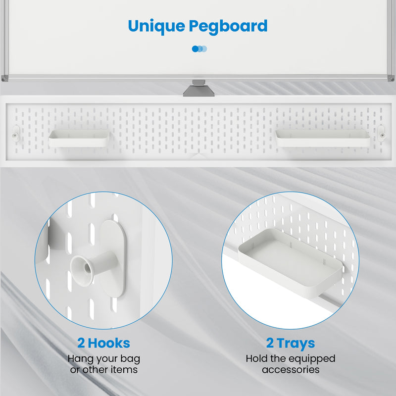 Mobile Whiteboard Adjustable Double-Sided Magnetic Board with Pegboard-White