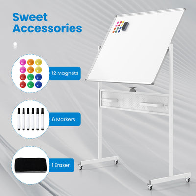 Mobile Whiteboard Adjustable Double-Sided Magnetic Board with Pegboard-White