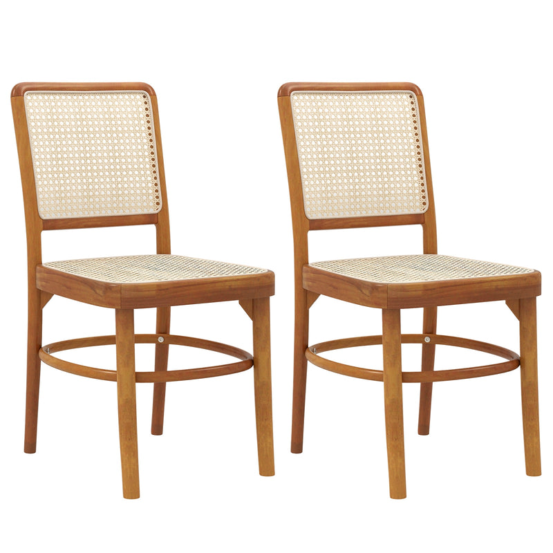 Set of 2 Boho Dining Chairs Rattan with Teak Wood Structure and Footrests