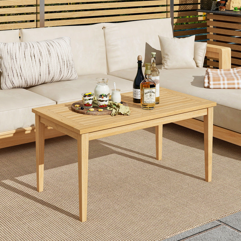 20 Inch x 35.5 Inch Outdoor Teak Wood Coffee Table with Slatted Tabletop for Balcony