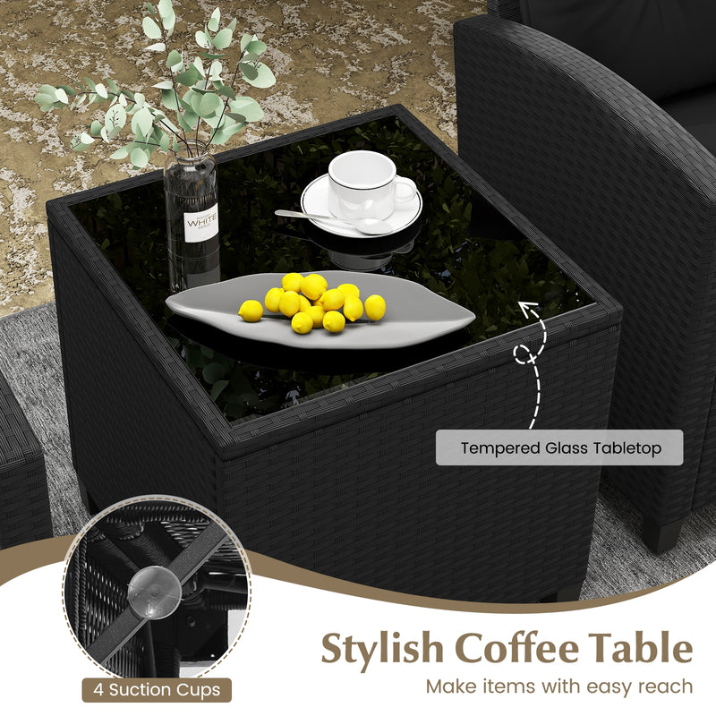 3 Pieces Patio Furniture Set with Tempered Glass Coffee Table-Black