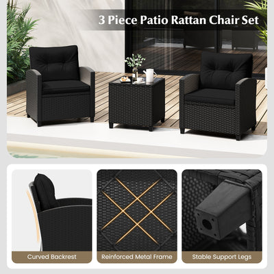 3 Pieces Patio Furniture Set with Tempered Glass Coffee Table-Black