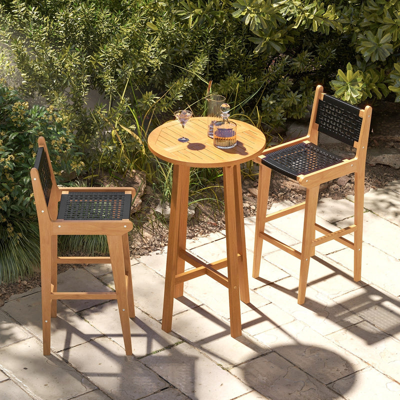 30 Inch Rattan Teak Wood Bar Stool with Backrest and Footrest