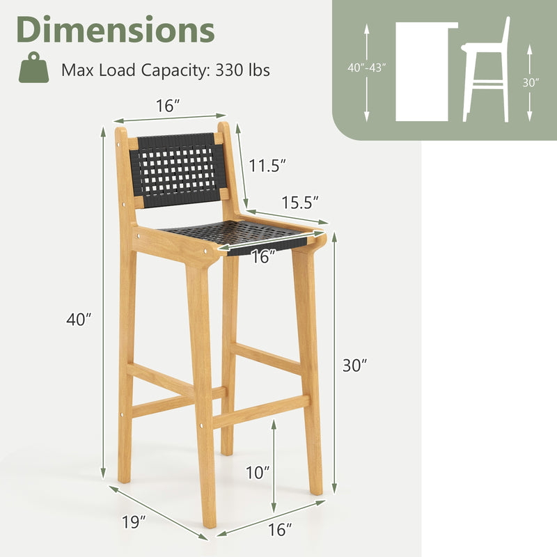 30 Inch Rattan Teak Wood Bar Stool with Backrest and Footrest