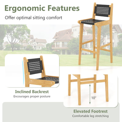 30 Inch Rattan Teak Wood Bar Stool with Backrest and Footrest