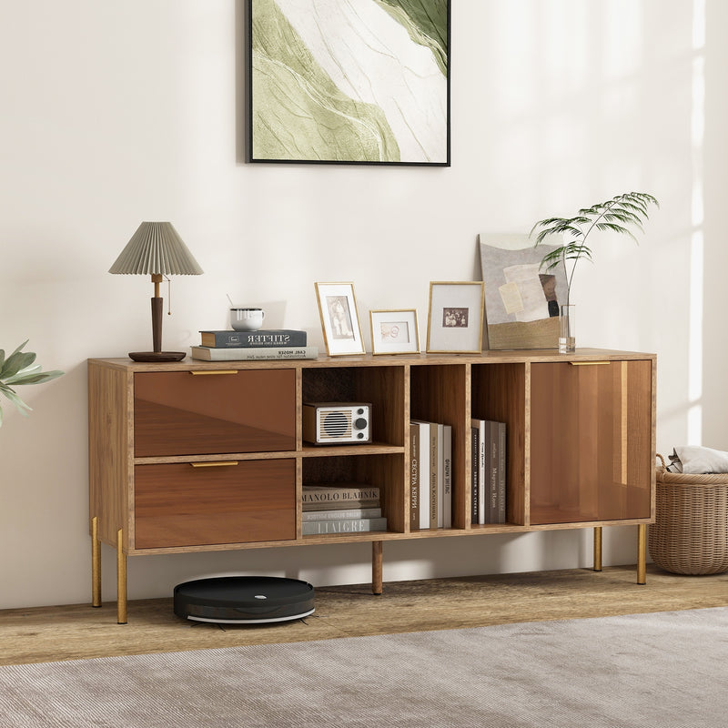 Mirrored Buffet Cabinet with 2 Drawers and 1 Door for Living Room-Natural