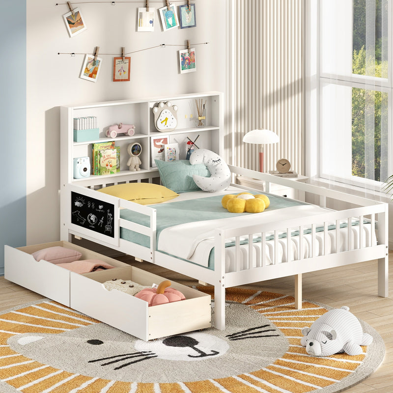 Twin/Full Size Bed Frame with 2 Drawers and Bookcase for Boys and Girls-Full Size