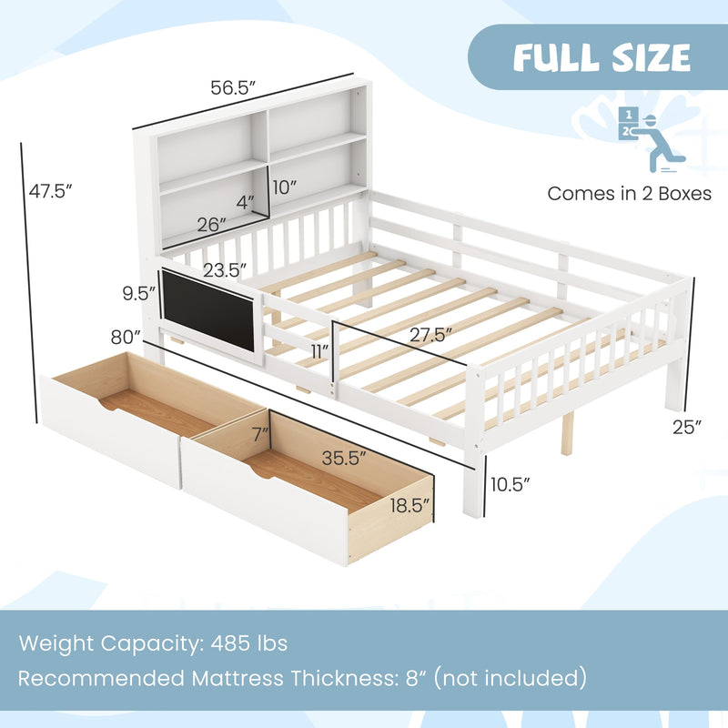 Twin/Full Size Bed Frame with 2 Drawers and Bookcase for Boys and Girls-Full Size