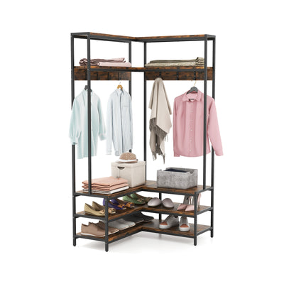 Corner Garment Rack with Open Shelves and 7 Hooks Shoe Bench-Rustic Brown