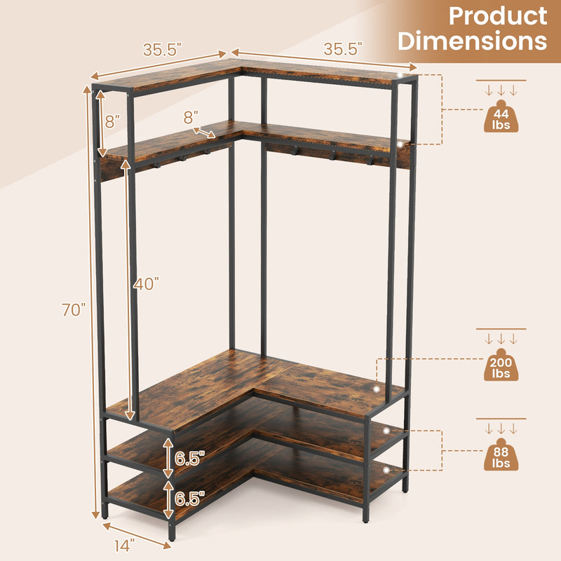 Corner Garment Rack with Open Shelves and 7 Hooks Shoe Bench-Rustic Brown