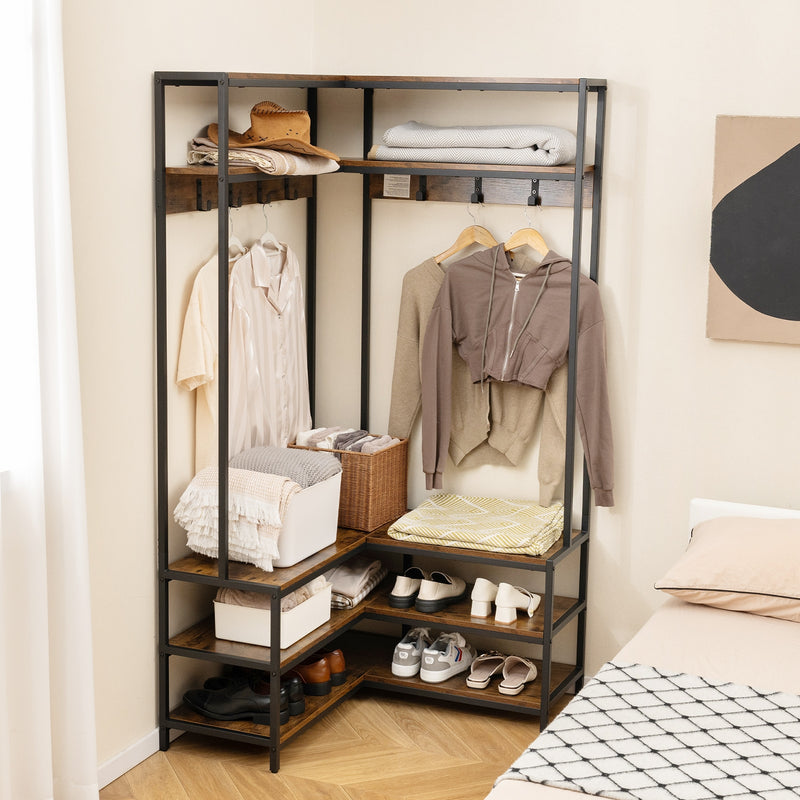 Corner Garment Rack with Open Shelves and 7 Hooks Shoe Bench-Rustic Brown