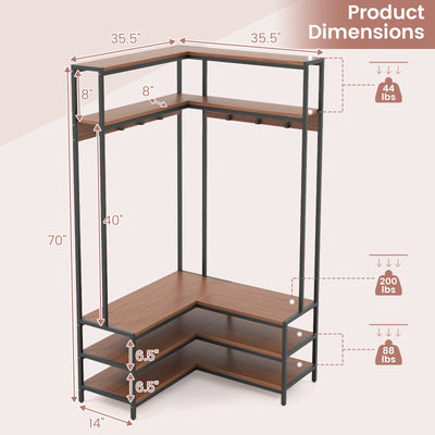 Corner Garment Rack with Open Shelves and 7 Hooks Shoe Bench-Walnut