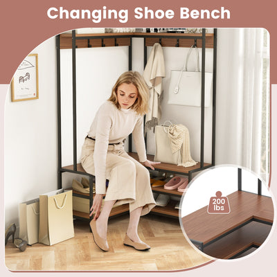 Corner Garment Rack with Open Shelves and 7 Hooks Shoe Bench-Walnut