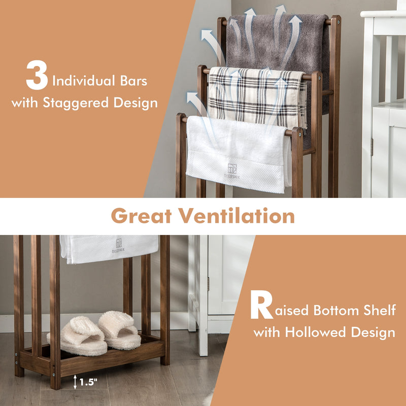 Freestanding Towel Rack 3-Bar Hand Towel Drying Stand with Bottom Storage Shelf-Rustic Brown