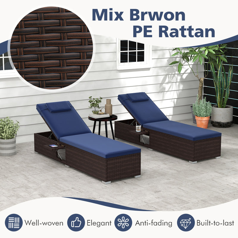 Outdoor PE RattanChaise Lounge with 6-level Backrest-Navy