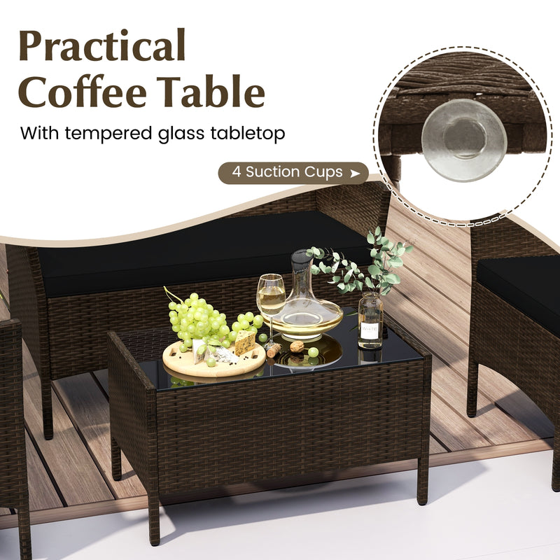 4 Piece Patio Rattan Conversation Set with Cozy Seat Cushions-Black