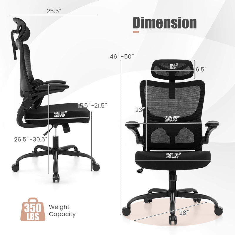 Mesh Office Chair with Adaptive Lumbar Support  Flip-up Armrests  Reclining Backrest-Black