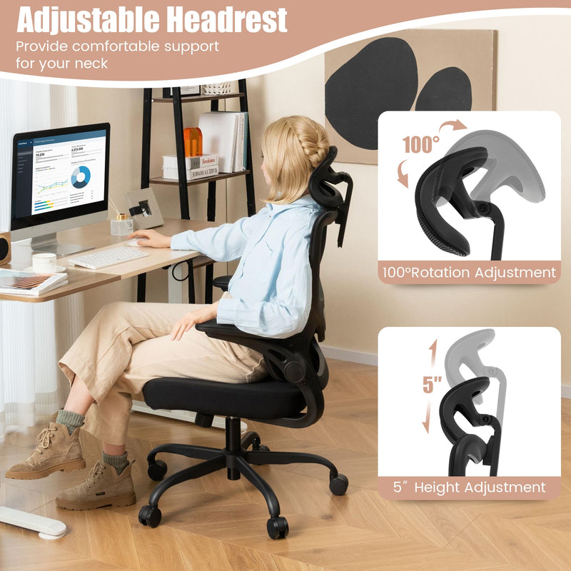 Mesh Office Chair with Adaptive Lumbar Support  Flip-up Armrests  Reclining Backrest-Black