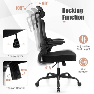 Mesh Office Chair with Adaptive Lumbar Support  Flip-up Armrests  Reclining Backrest-Black