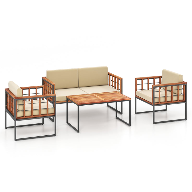 4 Pieces Acacia Wood Outdoor Sofa Set for Balcony  Porch  Backyard  Poolside