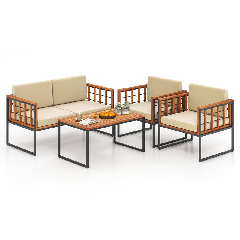 4 Pieces Acacia Wood Outdoor Sofa Set for Balcony  Porch  Backyard  Poolside