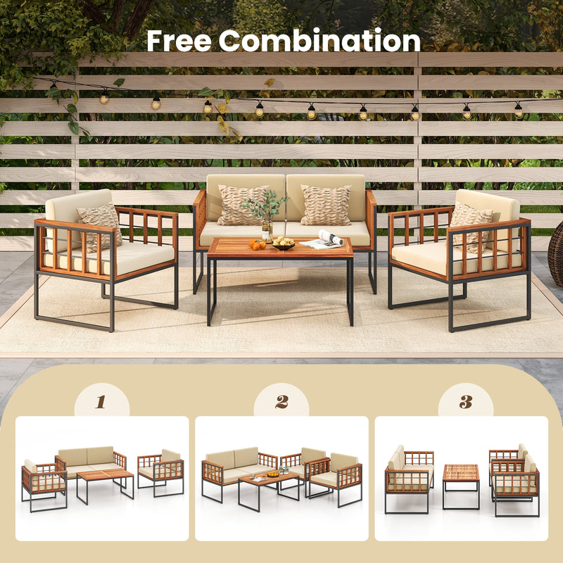 4 Pieces Acacia Wood Outdoor Sofa Set for Balcony  Porch  Backyard  Poolside