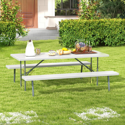 Folding Picnic Table Set with Metal Frame and All-Weather HDPE Tabletop  Umbrella Hole-Gray