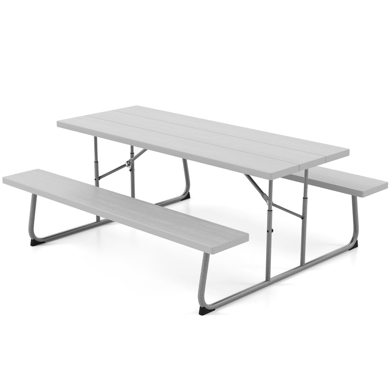 Folding Picnic Table Set with Metal Frame and All-Weather HDPE Tabletop  Umbrella Hole-Gray