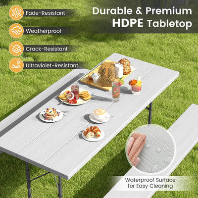 Folding Picnic Table Set with Metal Frame and All-Weather HDPE Tabletop  Umbrella Hole-Gray