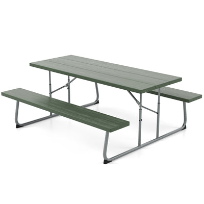 Folding Picnic Table Set with Metal Frame and All-Weather HDPE Tabletop  Umbrella Hole-Green