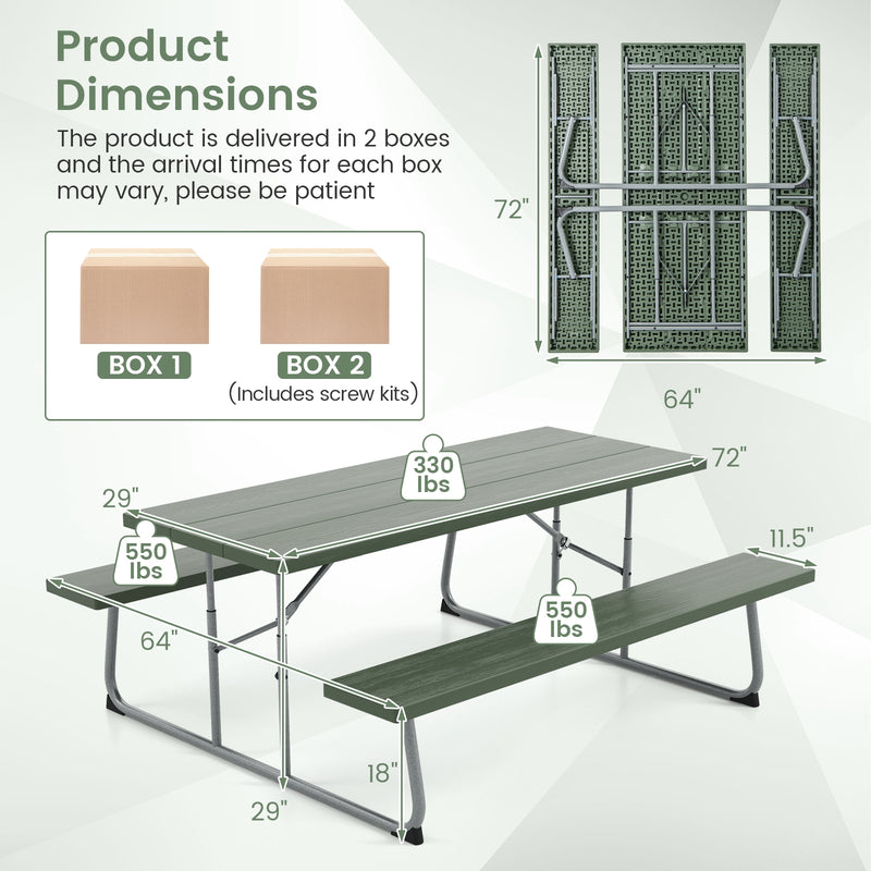 Folding Picnic Table Set with Metal Frame and All-Weather HDPE Tabletop  Umbrella Hole-Green