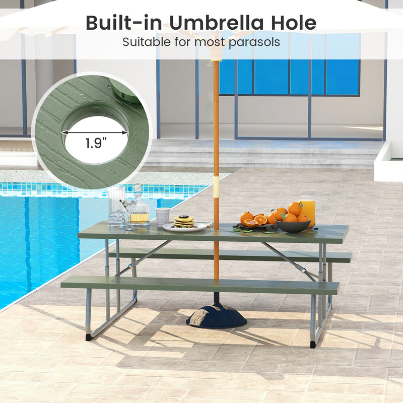 Folding Picnic Table Set with Metal Frame and All-Weather HDPE Tabletop  Umbrella Hole-Green