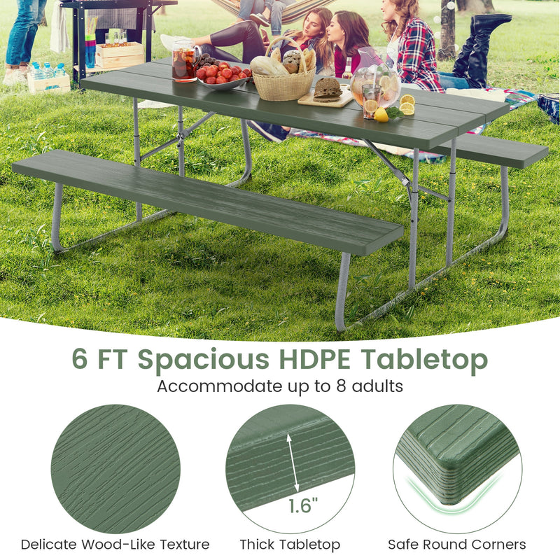 Folding Picnic Table Set with Metal Frame and All-Weather HDPE Tabletop  Umbrella Hole-Green