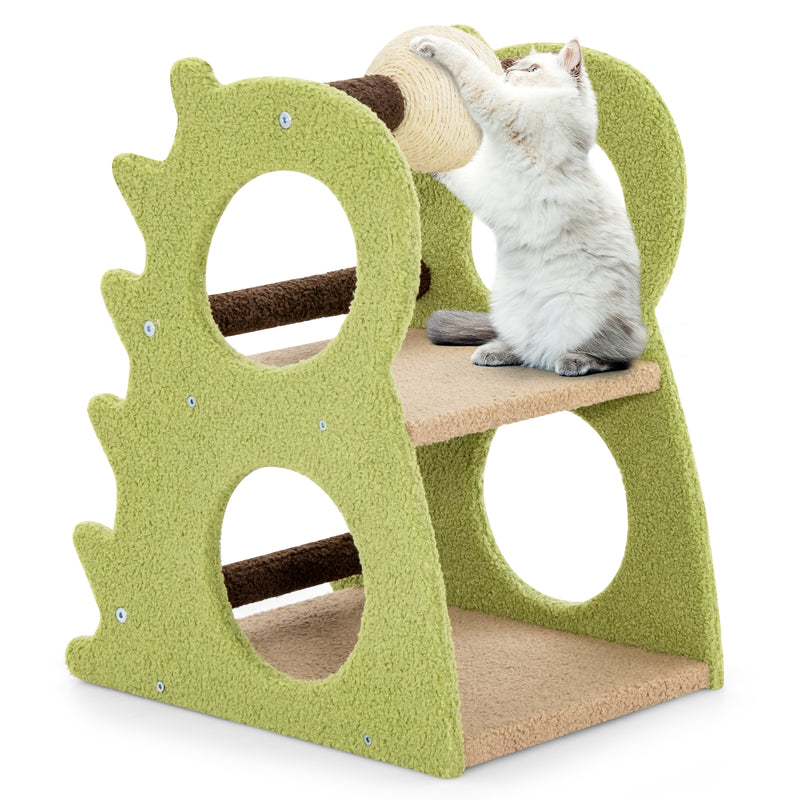 2-Tier Modern Cat Tree for Indoor Cats with Rotatable Sisal Scratching Ball-Green