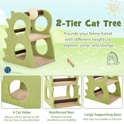 2-Tier Modern Cat Tree for Indoor Cats with Rotatable Sisal Scratching Ball-Green