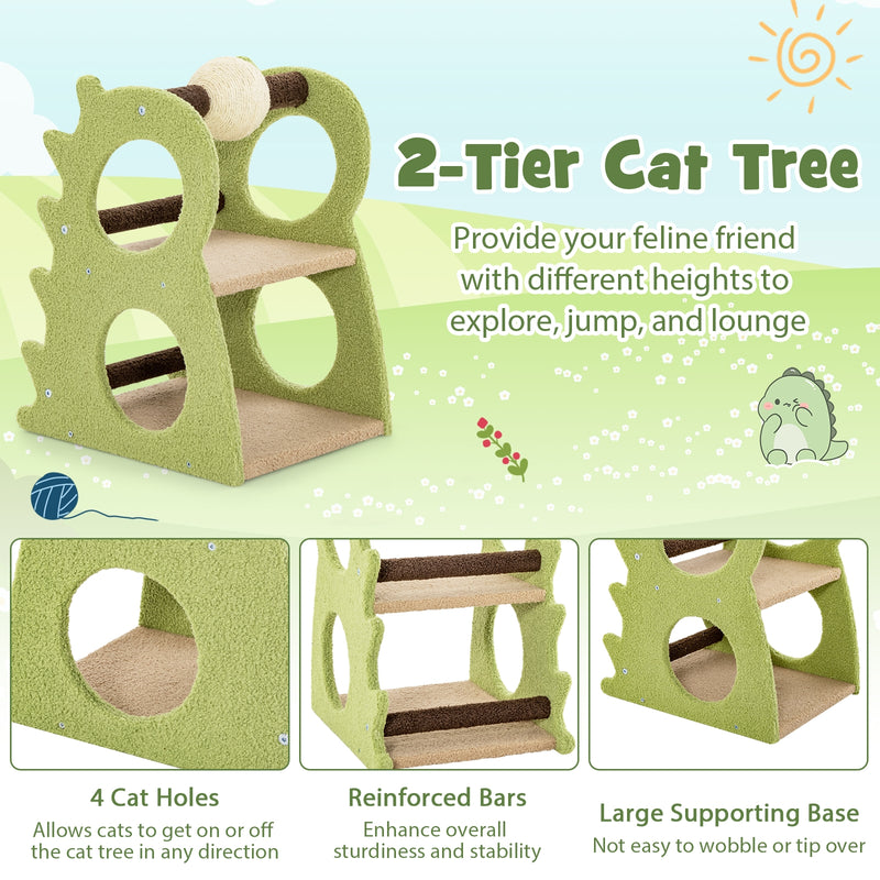 2-Tier Modern Cat Tree for Indoor Cats with Rotatable Sisal Scratching Ball-Green