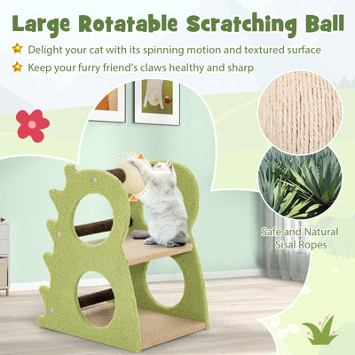 2-Tier Modern Cat Tree for Indoor Cats with Rotatable Sisal Scratching Ball-Green