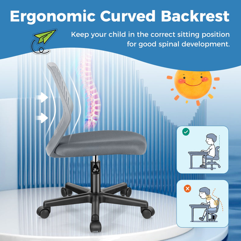 Height-adjustable Ergonomic Kids Desk Chair with Universal Casters-Gray