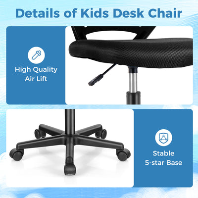 Height-adjustable Ergonomic Kids Desk Chair with Universal Casters-Black